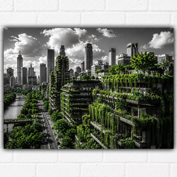 Green Rooftop City Garden Poster A3 – Futuristic Eco City Skyline Wall Art Print – Modern Urban Nature Landscape Decor