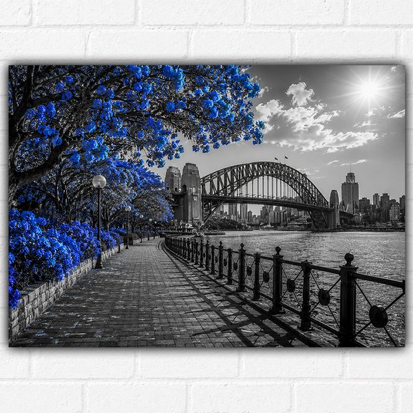 Sydney Harbour Bridge Poster A3 – Sydney Australia Wall Art Print – Black & White Cityscape with Blue Blossom Trees