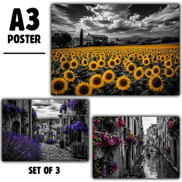 European Countryside Posters Set of 3 – A3 Wall Art Prints – Venice Tuscany Lavender