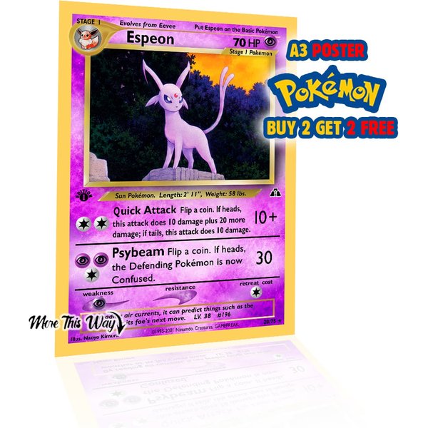 Espeon Pokémon Card Poster A3 – Retro Trading Card Anime Gaming Wall Art Print