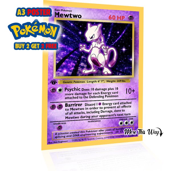 Mewtwo Pokémon Card Poster A3 – Mewtwo Retro Trading Card Wall Art Print – Anime