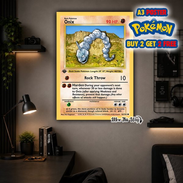 Onix Pokémon Card Poster A3 – Retro Anime Gamer Wall Art Print – Trading Card