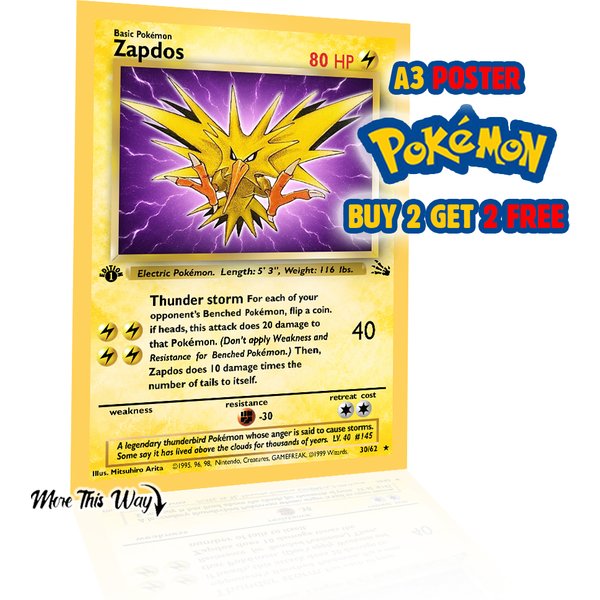 Zapdos Pokémon Card Poster A3 – 1st Edition Style Anime Wall Art – Electric Bird