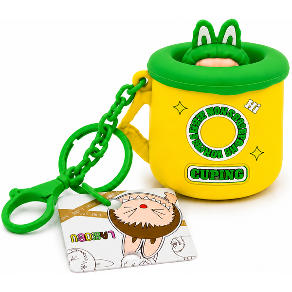 Green & Yellow Pop-Up Monster Bunny Keychain – Silicone Squeeze Toy Bag Charm