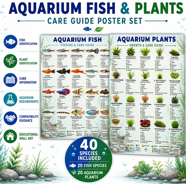 Aquarium Fish & Plants Poster Set A3 (2 Pack) – Freshwater Fish Care Guide & Aquarium Plants Growth Guide Educational Wall Art