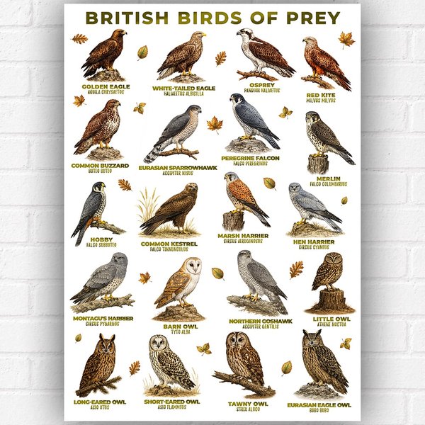 British Birds of Prey Poster A3 – UK Bird Identification Chart – Nature Ornithology Guide