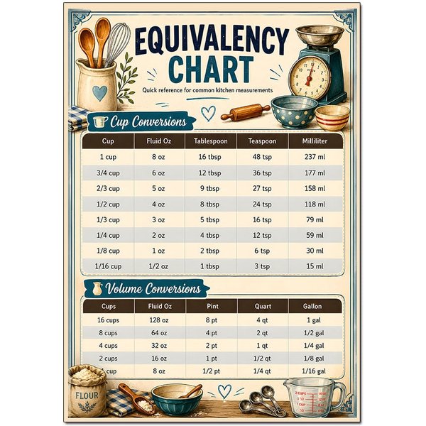 Kitchen Equivalency Chart Poster Cup & Measurement Conversion Baking Guide A3