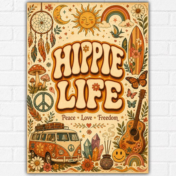 Hippie Life Poster A3 | Retro 70s Boho Peace Love Freedom Wall Art