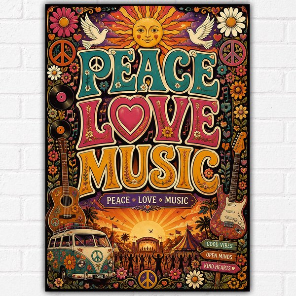 Peace Love Music Poster A3 | Retro 70s Hippie Music Festival Wall Art | Boho Flo