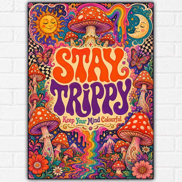 Stay Trippy Poster A3 | Psychedelic Mushroom Wall Art | Colourful Retro 70s Hipp