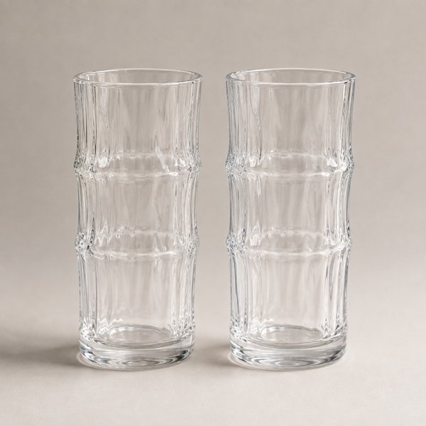 Set of 2 Ribbed Highball Glasses | Clear Drinking Tumblers for Soft Drinks