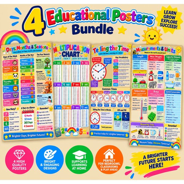 Kids Classroom Posters A3 Set of 4 - Educational Learning