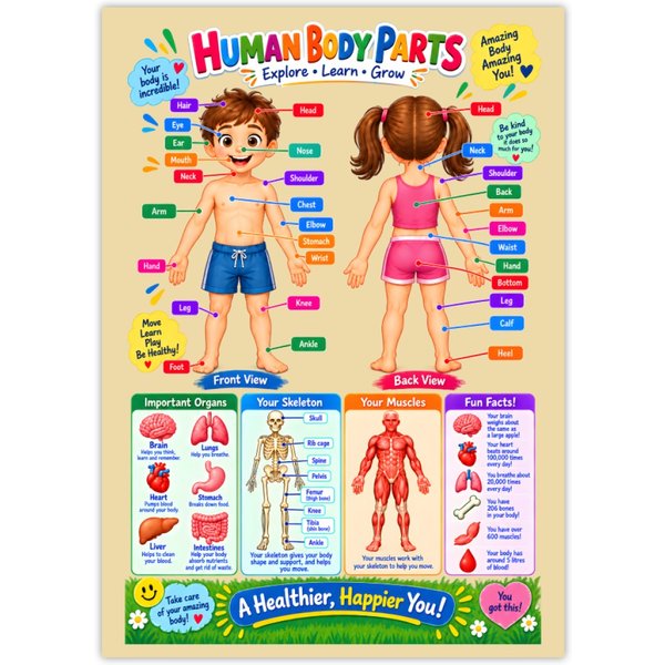 Kids Human Body Parts Educational Poster A3 Learning Chart