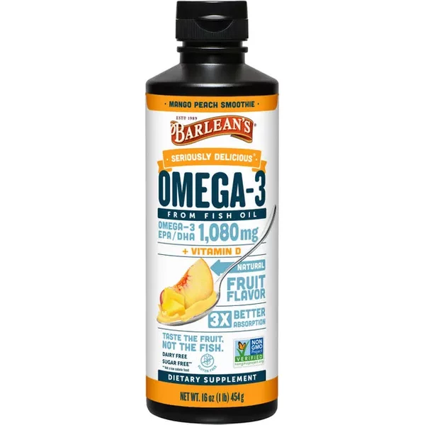 Omega-3 from Fish Oil, Mango Peach Smoothie 16 oz - Barlean's