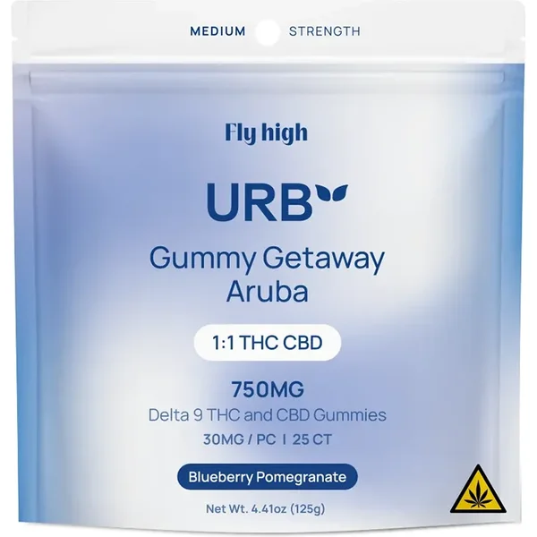 Blueberry Pomegranate Fly High URB 1:1 THC D9 CBD Getaway Aruba Gummies 750mg 25ct