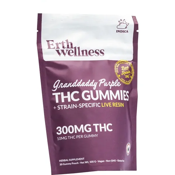 Granddaddy Purple Erth Wellness D9 THC Live Resin Gummies 30ct 300MG