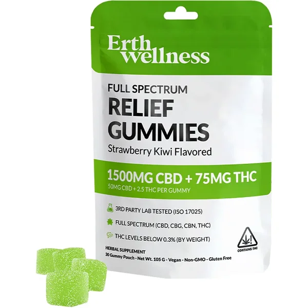 Strawberry Kiwi Erth Wellness Relief Gummies Full Spectrum CBD+THC 30ct 1575MG