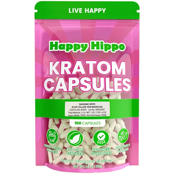Happy Hippo Sunshine Hippo Elite Yellow Vein Maeng Da Kratom Capsules 100ct