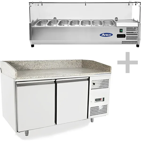Atosa EPF3495GR + VRX1500/330 2 Door Granite Top Pizza Counter Fridge with VRX Unit & GN Pans, 250 Litres
