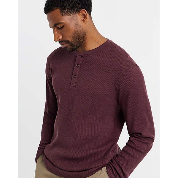Textured Burgundy Long Sleeve Grandad T-Shirt
