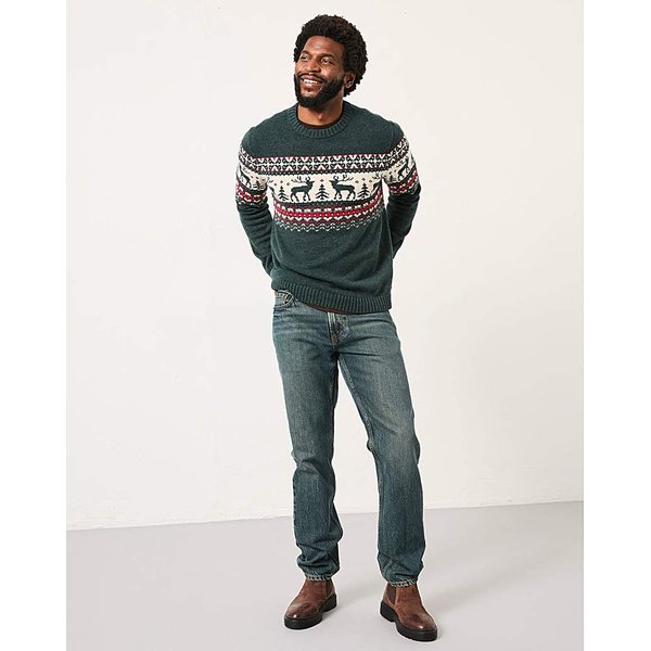FatFace Reindeer Christmas Jumper Dark Green - FatFace - Size: 2XL