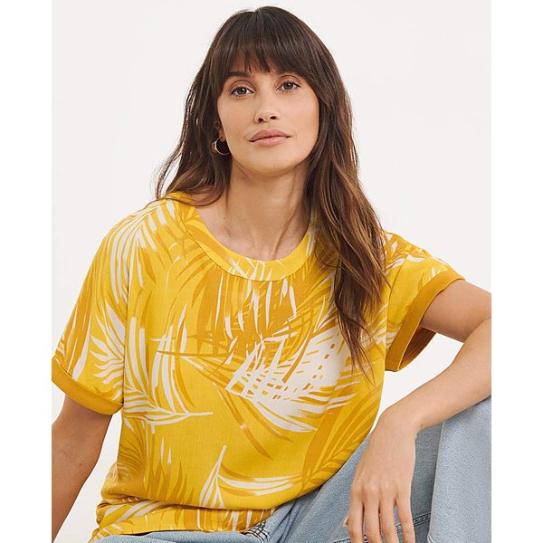 Woven Front Curved Hem Longline Top Palm Print - JD Williams - Size: 10