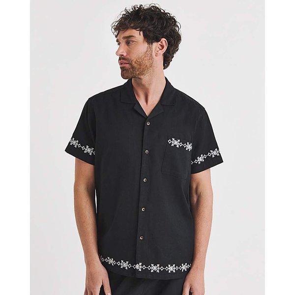 Folio Embroidered Linen Mix Shirt Black - Folio - Size: 1XL48-50