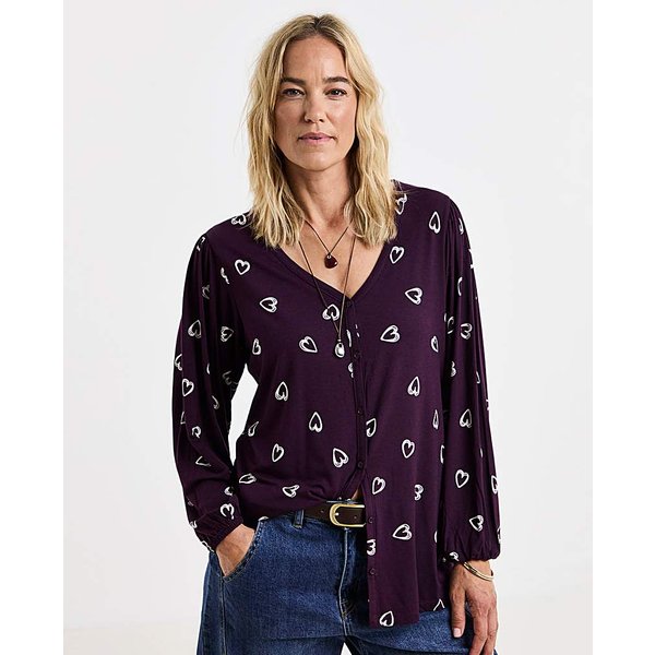Button Front Long Sleeve Top in Plum Heart Print