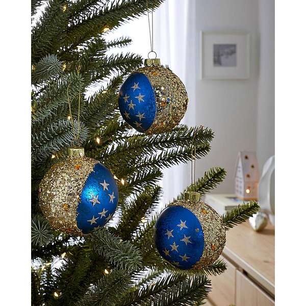 Gisela Graham 3 Moon & Stars Baubles Blue - Gisela Graham