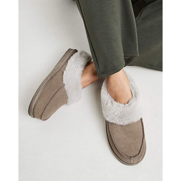 Full Suede Fur Trim Slipper Wide Taupe - JD Williams - Size: L