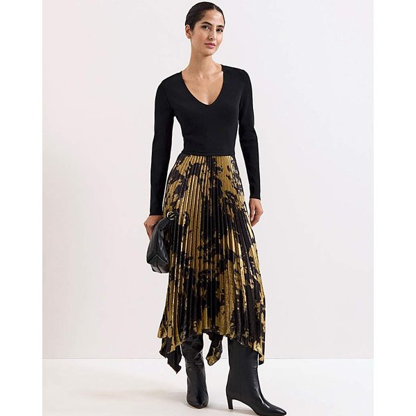 Phase Eight Jenifer Foil Woven Hem Dress Gold - Phase Eight - Size: 18