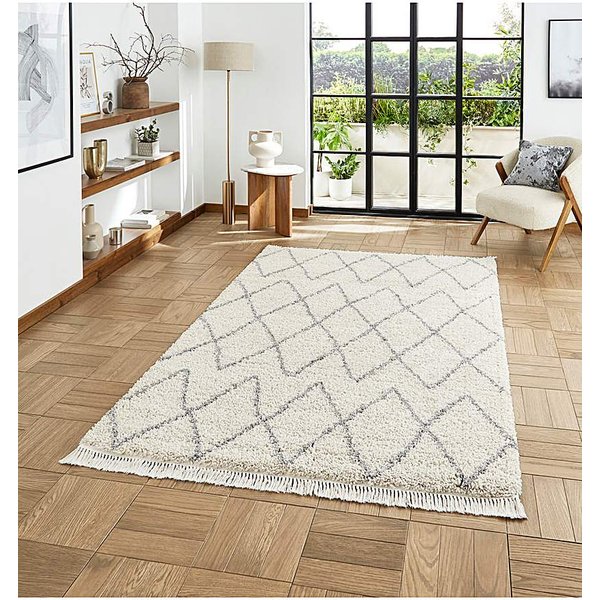 Think Rugs Boho Fringe Rug Cream/Grey - Think Rugs - Size: 80X150