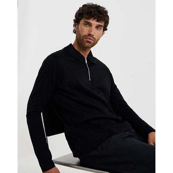 Folio Supima Zip Long Sleeve Polo Black - Folio - Size: 1XL48/50