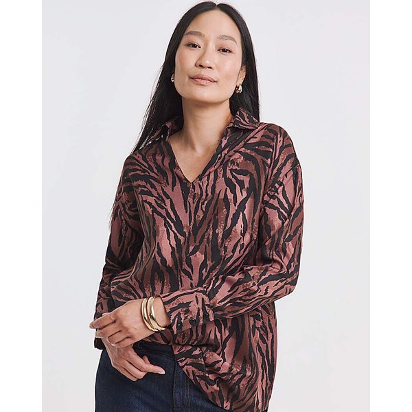 Collar Detail Popover Blouse Brown Print - JD Williams - Size: 10