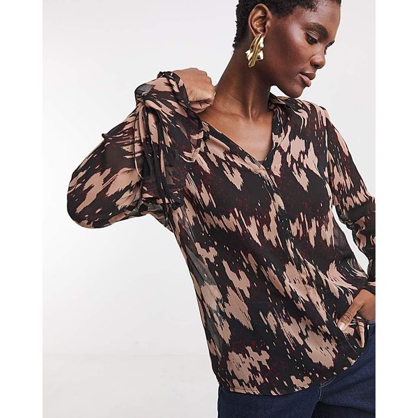 Georgette Frill Cuff Collar Blouse Brown Print - JD Williams - Size: 18