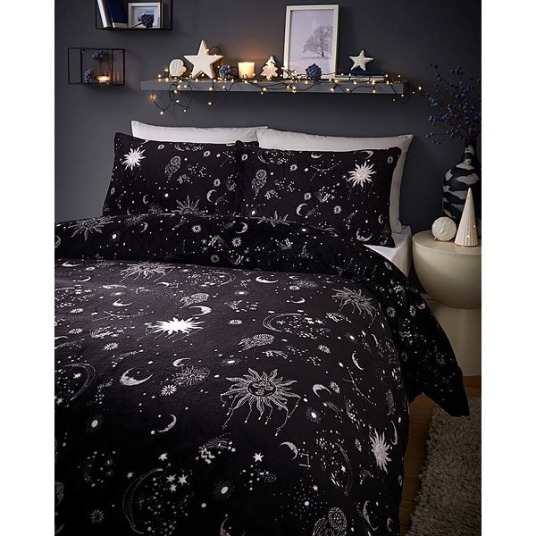 Moon & Stars Fleece Duvet Set Black/White - JD Williams - Size: S KING