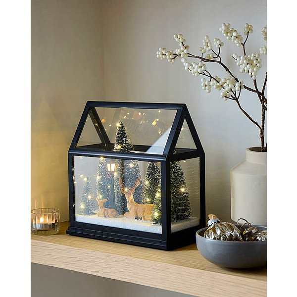Lit Glass House with Reindeer Scene