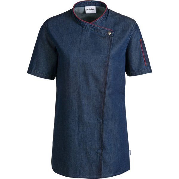 PULSIVA Veste de cuisine femme en denim Celia manches courtes; Taille 52; bleu denim, passepoil rouge