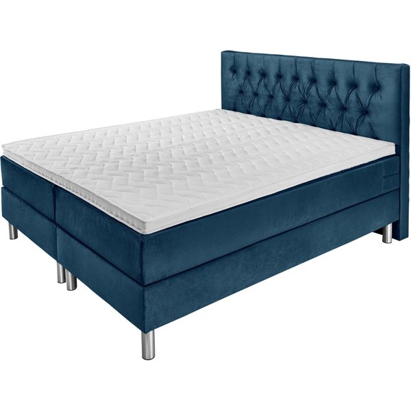 Set Boxspring Premium en velours, tête de lit capitonnée VEGA; 200x200x69 cm (lxLxH); bleu foncé; ferme
