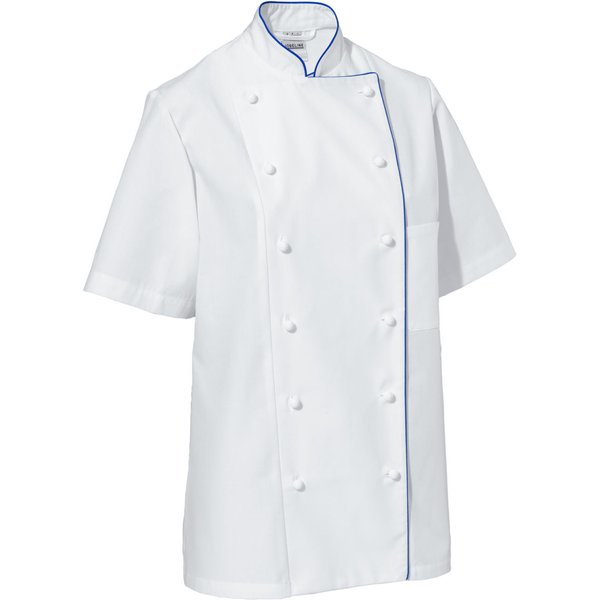 PULSIVA Veste de cuisine femme Aila manches courtes, passepoil de couleur; Taille 58; blanc/bleu
