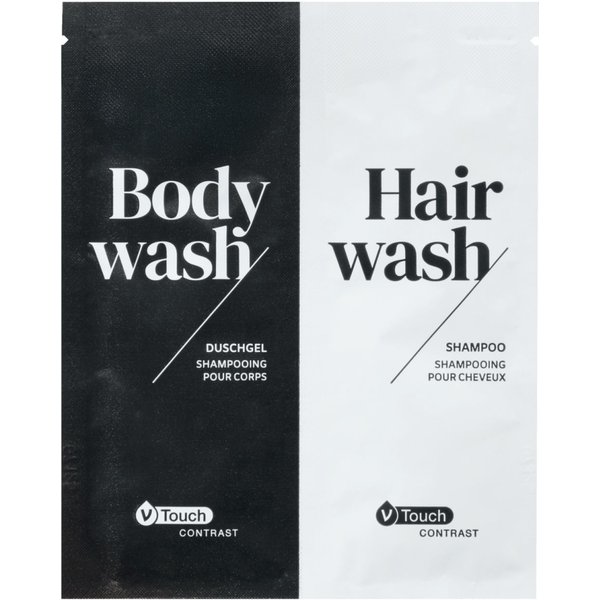 Shampoo e gel doccia Contrast V-Touch; 12 ml; blu chiaro/giallo; 800 pz. / Pacco