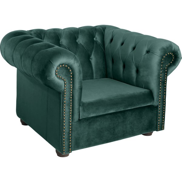 Fauteuil Chesterfield velours, avec pieds VEGA; 114x97x72.5 cm (lxPxH); Assise vert sapin, Structure brun