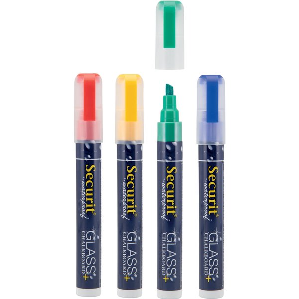 Lot de 4 feutres-craie à encre liquide Waterproof - Jaune, vert, rouge, bleu - pointe moyenne 2-6mm Securit; 2 cm (L), Epaisseur de trait 20 mm; multicolore