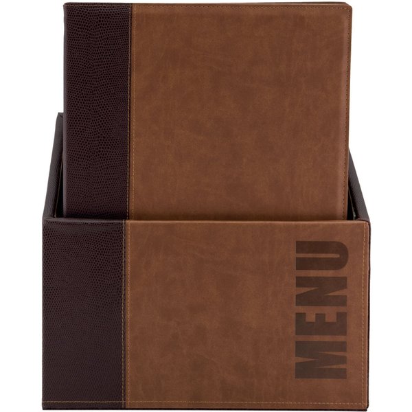 Box con 20 porta-menù A4 Trendy in similpelle – 4 viste Securit; 28x35 cm (LxH); marrone