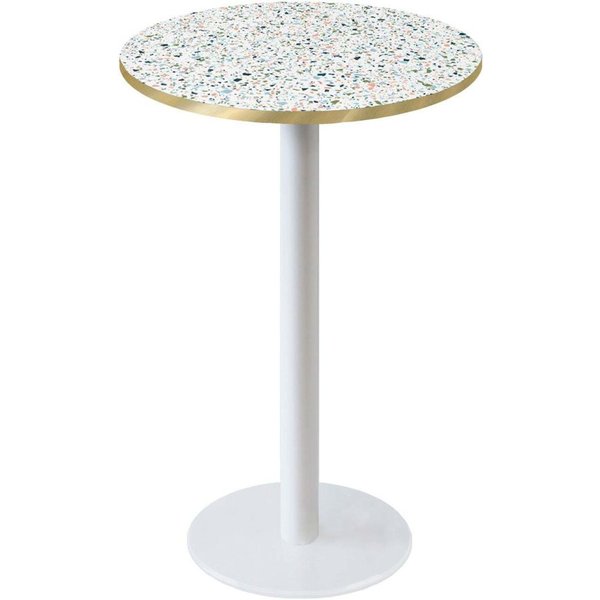 RestooTab Tavolo alto Roma rotondo base bianco - laminato legno & pietra; 113x60 cm (HxØ); multicolore/terazzo/ottone; rotonda