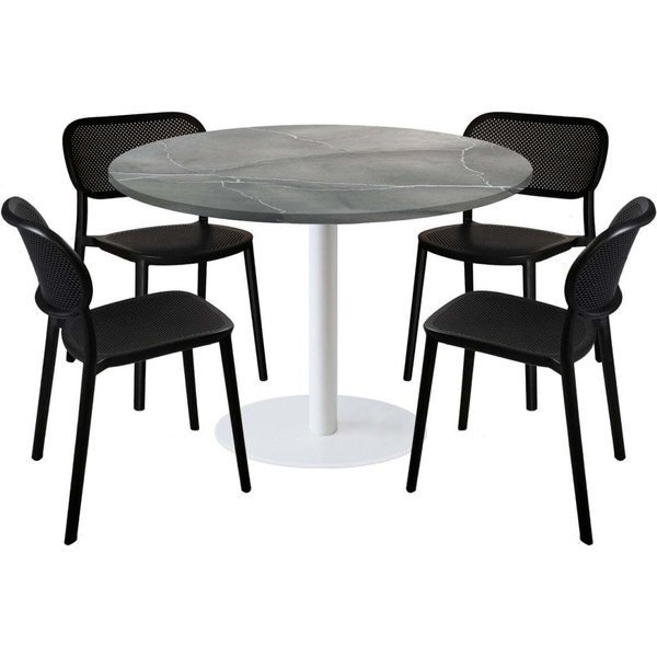 Lot table Rome XL ronde pied blanc et 4 chaises - décor pierre RestooTab; 120x120x75x120 cm (LxlxHxØ); gris/bleu/marbré; Structure noir; rond(e)