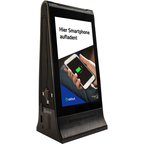 Espositore da tavolo digitale DOUBLESCREEN PEAK con batteria ricaricabile e cavi di ricarica per smartphone akkut; 9x11x24.5 cm (LxLxH); nero
