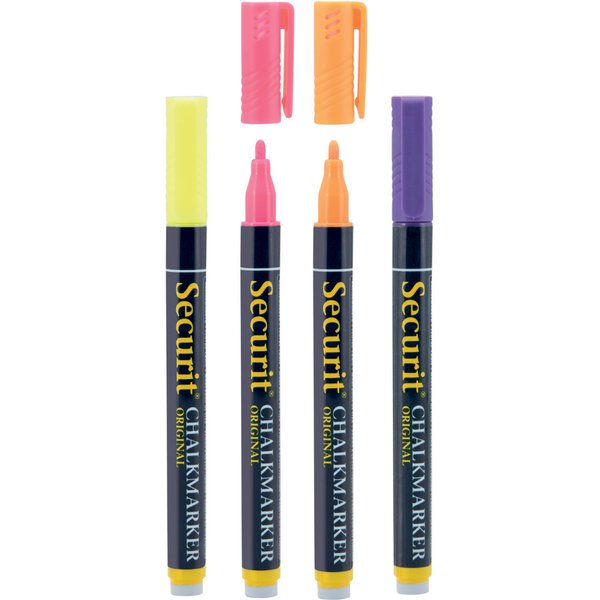 Lot de 4 feutres-craie à encre liquide - Jaune, rose, orange, violet - pointe fine 1-2mm Securit; 1.5 cm (L), Epaisseur de trait 15 mm; multicolore