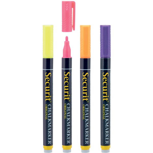 Lot de 4 feutres-craie à encre liquide - Blanc, bleu, vert, rouge - pointe fine 1-2mm Securit; 1.5 cm (L), Epaisseur de trait 15 mm; multicolore