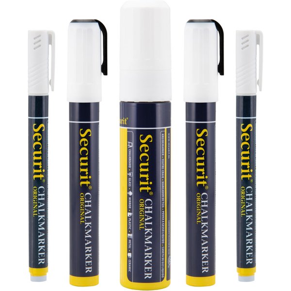 Set da 5 pennarelli a gesso liquido – 1 punta rettangolare 7–15 mm, 2 punte oblique 2–6 mm e 2 punte tonde 1–2 mm Securit; bianco
